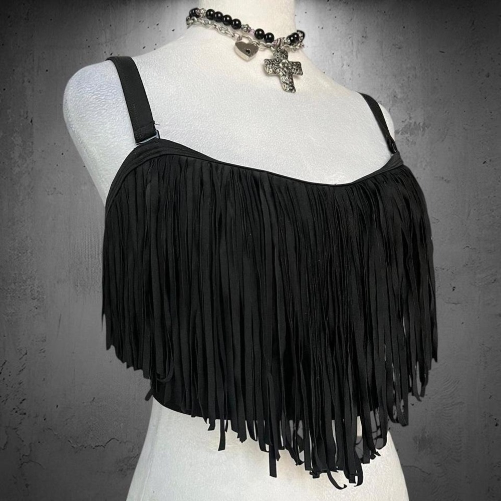 Black Festival Boho Fringe Tassel Cropped Stretchy Swimwear Summer Top - Picture 2 of 5